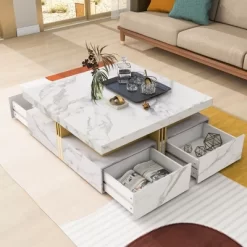 Coffee Tables With 4 Storage Drawers Modern Square Design Cocktail Table For Living Room Office Bedroom 16.5"D X 43.3"W X 43.3"H -Garvee GUEST 18f67dae 7ff4 49db aaf7 cbe2f7765522