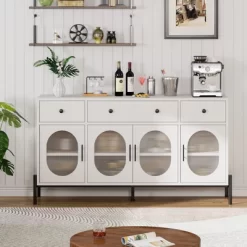 Buffet Cabinet, Sideboard Cabinet With Storage, 62'' Large Buffet Table, With 3 Drawers And 4 Fluted Glass Doors 19 Buffet Cabinet, Sideboard Cabinet With Storage, 62'' Large Buffet Table, With 3 Drawers And 4 Fluted Glass Doors -Garvee GUEST 19266f42 01ef 4d1b ac63 3c063bb278b0