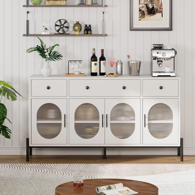 Buffet Cabinet, Sideboard Cabinet With Storage, 62'' Large Buffet Table, With 3 Drawers And 4 Fluted Glass Doors 11 Buffet Cabinet, Sideboard Cabinet With Storage, 62'' Large Buffet Table, With 3 Drawers And 4 Fluted Glass Doors - Image 9