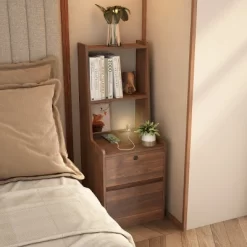 Tall Nightstand With Charging Station & Night Light, Voice Control, Wooden Large Bedside Tables With Storage Cabinet And Bookshelf For Bedroom -Garvee GUEST 1971a5e8 4895 41c2 ae87 e0fcfa8782ac