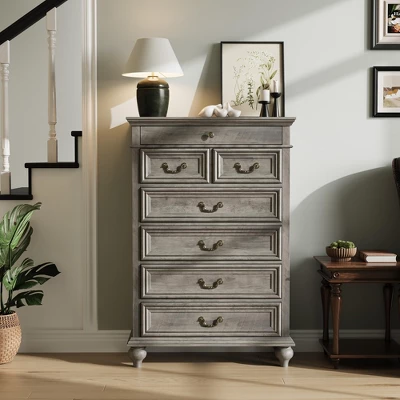 Farmhouse Tall Dresser For Bedroom With 7 Drawers, 50" Tall Large Wood Chest Of Drawers 4 Farmhouse Tall Dresser For Bedroom With 7 Drawers, 50" Tall Large Wood Chest Of Drawers - Image 2