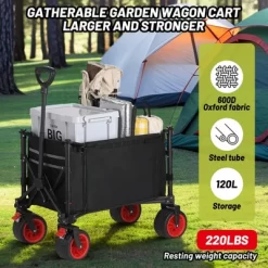 Garvee Foldable Wagon Cart With Big Wheels, Collapsible Utility Cart With Adjustable Handle, Side Pockets And Cup Holder For Shopping, Garden, Black
