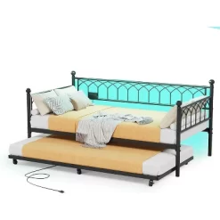Twin Size Daybed With Pop-Up Trundle & LED Lights, Pull Out Bed With Charging Station And Pull Out Turundle, Metal Sofa Bed Frame For Living Room -Garvee GUEST 1bb1069c b3bd 4205 899d af8d10b07b4d