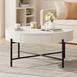 Round Coffee Table With Storage With Drawers Farmhouse Circle Table, Easy To Assemble Wood Accent Center Table -Garvee GUEST 1ca88023 f5c8 40e2 8a9f e20de59ba116