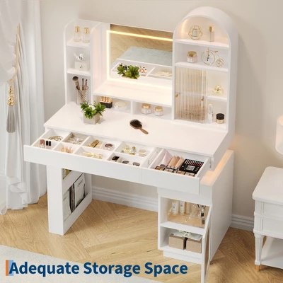 Arched Vanity Desk With Mirror And Lights, Makeup Vanity Table With 3 Drawers And 11 Storage Shelves, Large Dressing Table With Outlet 5 Arched Vanity Desk With Mirror And Lights, Makeup Vanity Table With 3 Drawers And 11 Storage Shelves, Large Dressing Table With Outlet - Image 3