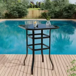 Bistro Square Patio Table - Metal Frame W/Tempered Glass Top, Outdoor Bar Height Table For Backyard, Poolside & Garden