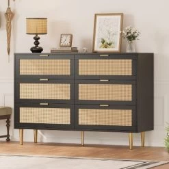 Rattan 6 Drawer Dresser, Wide Double Dresser With Gold Handles & Legs, Modern Chest With Large Storage For Bedroom Or Living Room -Garvee GUEST 1d33062a f511 46d4 a98d 87c31cc1dc23