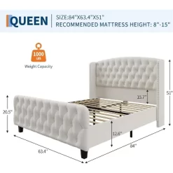 51" Tall Queen/King Size Bed Frame With Deep Button Tufted Wingback Headboard And Footboard, Velvet Upholstered Platform Bed Frame, Easy Assemble