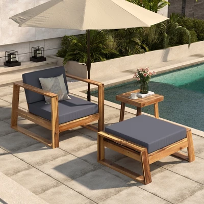 Outdoor Chaise Lounge Chair Set Of 3, Acacia Wood Conversation Set With Coffee Table, Pool Sunbathing Recliner With Ottoman For Porch Backyard 11 Outdoor Chaise Lounge Chair Set Of 3, Acacia Wood Conversation Set With Coffee Table, Pool Sunbathing Recliner With Ottoman For Porch Backyard - Image 10