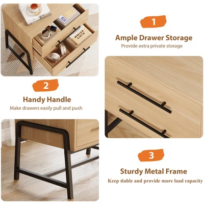 Farmhouse Nightstand With Drawers, Light Wood Side Table With Metal Legs 7 Farmhouse Nightstand With Drawers, Light Wood Side Table With Metal Legs - Image 5