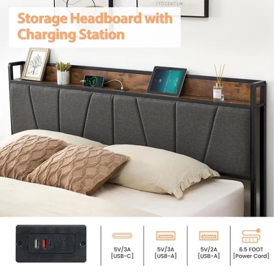Whizmax Four Size Bed Frame With 2 Storage Drawers And Charging Station, Rustic Linen Upholstered Platform Bed Frame With Storage Headboard, Gray 4 Whizmax Four Size Bed Frame With 2 Storage Drawers And Charging Station, Rustic Linen Upholstered Platform Bed Frame With Storage Headboard, Gray - Image 2