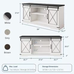 Farmhouse TV Stand And Entertainment Center For TV Up To 65 Inches With Sliding Barn Doors And Adjustable Shelf, White & Brown