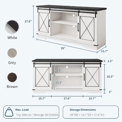 Farmhouse TV Stand And Entertainment Center For TV Up To 65 Inches With Sliding Barn Doors And Adjustable Shelf, White & Brown 3 Farmhouse TV Stand And Entertainment Center For TV Up To 65 Inches With Sliding Barn Doors And Adjustable Shelf, White & Brown