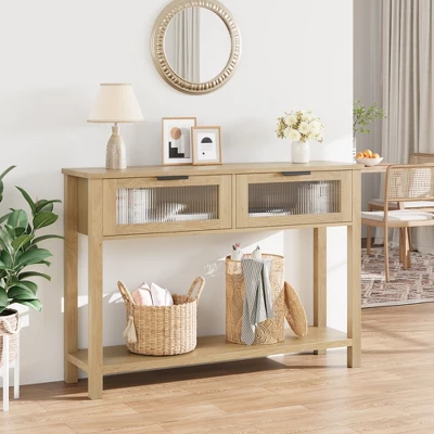 43 Inch Entryway Table, Wood Console Table With 2 Glass Drawers, 2 Tier Sofa Table With Storage For Living Room, Foyer Tables For Entryway 10 43 Inch Entryway Table, Wood Console Table With 2 Glass Drawers, 2 Tier Sofa Table With Storage For Living Room, Foyer Tables For Entryway - Image 8