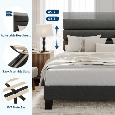 Full/ Queen/ King Bed Frame With Adjustable Headboard, Fabric Upholstered And Wooden Slats Support, Heavy Duty Mattress Foundation 6 Full/ Queen/ King Bed Frame With Adjustable Headboard, Fabric Upholstered And Wooden Slats Support, Heavy Duty Mattress Foundation - Image 4