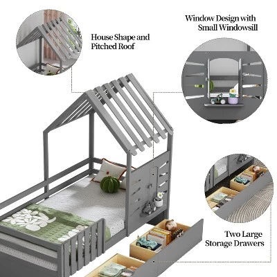 Twin Size House Bed For Kids, Twin Bed With Rails And 2 Storage Drawers, Wooden Playhouse Beds With Roof And Window 4 Twin Size House Bed For Kids, Twin Bed With Rails And 2 Storage Drawers, Wooden Playhouse Beds With Roof And Window - Image 2