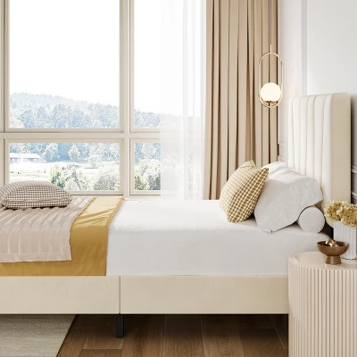 Full Size Bed Frame With Adjustable Headboard, Velvet Upholstered Tufted Twin Platform Bedframe With Strong Wooden Slats, No Box Spring Needed,White 9 Full Size Bed Frame With Adjustable Headboard, Velvet Upholstered Tufted Twin Platform Bedframe With Strong Wooden Slats, No Box Spring Needed,White - Image 7