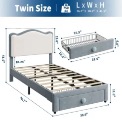 Garvee Upholstered Bed Frame For Kids With Storage Drawer And Scallop Headboard, No Box Spring Needed