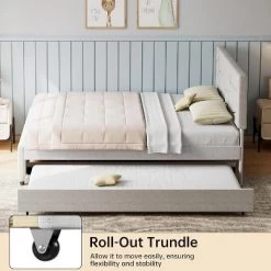 Garvee Full/Queen Size Upholstered Platform Bed With Twin Trundle - Pull Out Bed Frame With Headboard, Wood Slats, For Guest & Kids Rooms, Grey -Garvee GUEST 228374a7 7366 42f3 ae91 d6451d8ec1dd