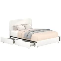 Queen Size Platform Bed With 4 Drawers Queen Upholstered Bed Frame With Curved Stitched Tufted Headboard, No Box Spring Needed, Ivory -Garvee GUEST 22a74189 3581 4aa1 93ab 4bae9f41dbd6
