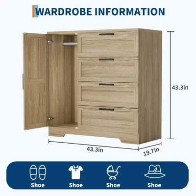 Garvee 43.3'' H Armoire Wardrobe Closet With 4 Drawers And 2 Doors, Hanging Rod, Multifunctional Wooden Dresser With Storage Closet 4 Garvee 43.3'' H Armoire Wardrobe Closet With 4 Drawers And 2 Doors, Hanging Rod, Multifunctional Wooden Dresser With Storage Closet - Image 2