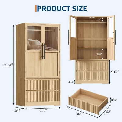 Bedroom Wooden Armoire Wardrobe Closet With Wood Doors, 2 Drawers, Hanging Rod, Freestanding Cabinet With Shelves 3 Bedroom Wooden Armoire Wardrobe Closet With Wood Doors, 2 Drawers, Hanging Rod, Freestanding Cabinet With Shelves