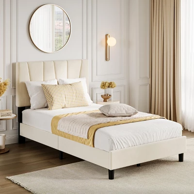 Full Size Bed Frame With Adjustable Headboard, Velvet Upholstered Tufted Twin Platform Bedframe With Strong Wooden Slats, No Box Spring Needed,White 4 Full Size Bed Frame With Adjustable Headboard, Velvet Upholstered Tufted Twin Platform Bedframe With Strong Wooden Slats, No Box Spring Needed,White - Image 2