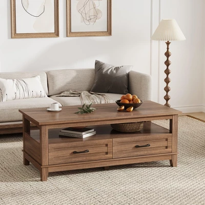 Farmhouse Coffee Table With Drawers, 47.2" Center Table Rustic Coffee Tables White Brown Living Room Table 4 Farmhouse Coffee Table With Drawers, 47.2" Center Table Rustic Coffee Tables White Brown Living Room Table - Image 2