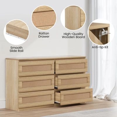 Dresser For Bedroom, Rattan 6/8 Drawer Dresser For Closet, Double Wood Dressers & Chest Of Drawers, For Bedroom/Living Room/Entryway, Natural 4 Dresser For Bedroom, Rattan 6/8 Drawer Dresser For Closet, Double Wood Dressers & Chest Of Drawers, For Bedroom/Living Room/Entryway, Natural - Image 2