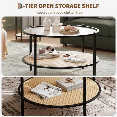 30" Rattan Coffee Table, 2-Tier Round End Table With Storage, Round Water-Wave Glass Metal Center Tables 7 30" Rattan Coffee Table, 2-Tier Round End Table With Storage, Round Water-Wave Glass Metal Center Tables - Image 5