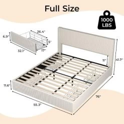 Full/ Queen/King Size Platform Bed Frame With Tufted Wingback Headboard, Corduroy Upholstered, 4 Storage Drawers, Wooden Slats, No Box Spring Needed