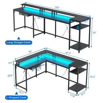 68 Inch Gaming Desk With Power Outlet, Reversible L Shaped Desk With Monitor Stand & Storage Shelves 4 68 Inch Gaming Desk With Power Outlet, Reversible L Shaped Desk With Monitor Stand & Storage Shelves - Image 2
