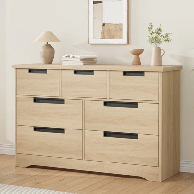 7 Drawer Dresser For Bedroom, Natural Oak Double Dresser Organizer With Embedded Handles, Wooden Chest Of Drawers For Living Room Nursery Hallway 8 7 Drawer Dresser For Bedroom, Natural Oak Double Dresser Organizer With Embedded Handles, Wooden Chest Of Drawers For Living Room Nursery Hallway - Image 6