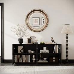 Accent Storage Cabinet, Modern Buffet Sideboard Console Table With 4 Doors And Adjustable Shelves Black
