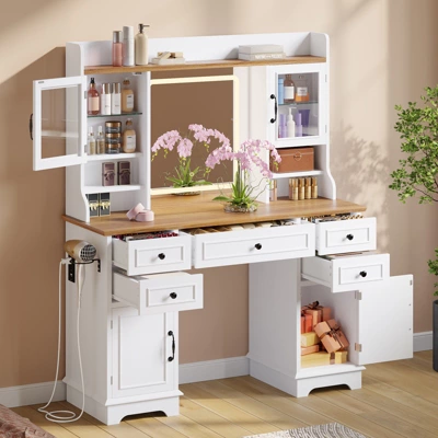 Vanity Desk With LED Lighted Mirror, Makeup Vanity Table With 5 Drawers, 4 Doors, And 3 Storage Shelves For Bedroom, Dressing Room 7 Vanity Desk With LED Lighted Mirror, Makeup Vanity Table With 5 Drawers, 4 Doors, And 3 Storage Shelves For Bedroom, Dressing Room - Image 5