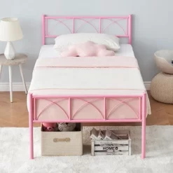 Twin Size Bed Frame With Headboard, Twin Bed Frame For Girls/Boys/Teens, Heavy Duty Metal Slat Support, No Box Spring Needed, Easy Assembly,Pink
