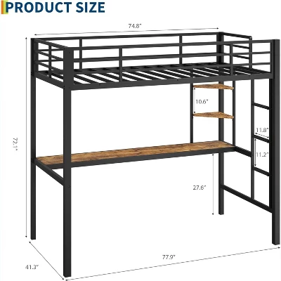 Loft Bed Twin Size With Large Desk And 2-Tier Storage Shelves, Heavy Duty Metal Loft Bed With Ladder And Guardrail For Kids And Adults 3 Loft Bed Twin Size With Large Desk And 2-Tier Storage Shelves, Heavy Duty Metal Loft Bed With Ladder And Guardrail For Kids And Adults