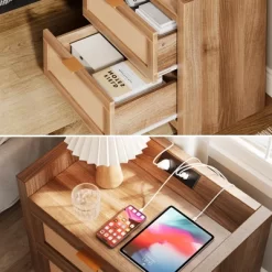 Night Stand Set Of 2, Bedside Tables With Charging Station, Rattan End Tables, Boho Bed Side Tables, Wood Nightstands Set Of 2 With Drawer -Garvee GUEST 29ed686b 55c1 420b 816f dbfd44fecc64