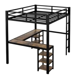 Full Size Loft Bed With Storage Shelves, Heavy Duty Metal Loft Bed With L Shaped Desk, Guardrail, Loft Bed Frame With Ladder For Kids Teens Bedroom -Garvee GUEST 2a089177 80ab 43c2 95db 5f06eccb191e