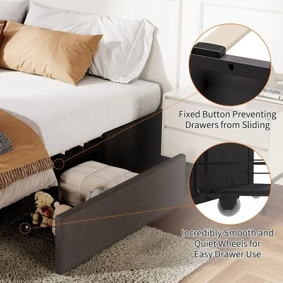 Queen Bed Frame With 3 Storage Drawers, Fabric Upholstered Platform Bed, Wooden Slats Support, Dark Grey 7 Queen Bed Frame With 3 Storage Drawers, Fabric Upholstered Platform Bed, Wooden Slats Support, Dark Grey - Image 5