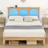 Bed Frame With Natural Rattan Headboard, Boho Wooden Platform Bed With Strong Wooden Slats, Noise-Free, No Box Spring Needed, Arch