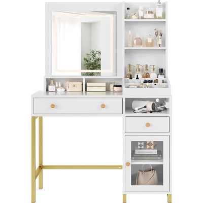 Makeup Vanity Desk With 3 Color Led Light, Makeup Vanity With Large Mirror And Power Outlet, Dressing Table With 2 Drawers White 55.9"H 4 Makeup Vanity Desk With 3 Color Led Light, Makeup Vanity With Large Mirror And Power Outlet, Dressing Table With 2 Drawers White 55.9"H - Image 2