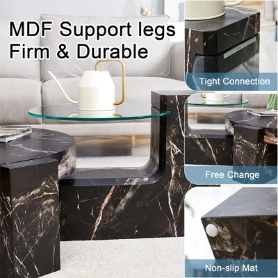 Modern Coffee Tables Set Of 2, Coffee Table With Detachable Nightstand, Accent Center Table With Glass Top Side Table For Bedroom Office 9 Modern Coffee Tables Set Of 2, Coffee Table With Detachable Nightstand, Accent Center Table With Glass Top Side Table For Bedroom Office - Image 7