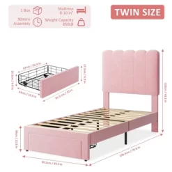 2 Sets Twin Bed Frame With Under-Bed Drawer, Velvet Upholstered Platform Bed With Wave Headboard,No Box Spring Needed
