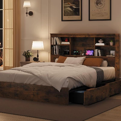 Full Size Bed Frame With High Storage Bookcase Headboard, Wood Bed Frame With 4 Storage Drawers, Built In Charging Station, Brown 4 Full Size Bed Frame With High Storage Bookcase Headboard, Wood Bed Frame With 4 Storage Drawers, Built In Charging Station, Brown - Image 2