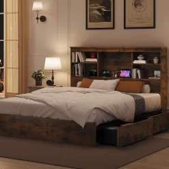Full/Queen Size Bed Frame With Storage - 51" Bookcase Headboard, 4 Drawers, Charging Station, No Box Spring Needed, 1000LBS Capacity