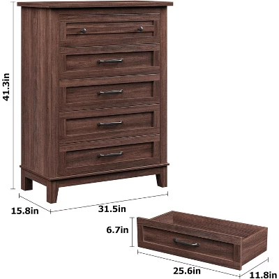 5 Dresser For Bedroom, 41" Tall Dresser, Vertical Drawer Dresser With Storage Freestanding, Wooden Closet Dresser Storage Chest For Bedroom, Walnut 4 5 Dresser For Bedroom, 41" Tall Dresser, Vertical Drawer Dresser With Storage Freestanding, Wooden Closet Dresser Storage Chest For Bedroom, Walnut - Image 2