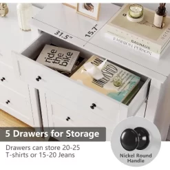 5 Drawers Dresser For Bedroom, Farmhouse Tall Wood Chest Of Drawers For Clothes, Big Storage Dressers Organizer With Gold Handles For Bedroom, White -Garvee GUEST 2b6887aa 95e6 4d01 87c7 3f8af5b04ce8