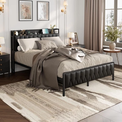 Full Size Bed Frame With PU Faux Leather, Button Headboard With Charging Station, All-Metal Full Platform Bed Frame With Storage, Black 3 Full Size Bed Frame With PU Faux Leather, Button Headboard With Charging Station, All-Metal Full Platform Bed Frame With Storage, Black