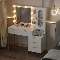 Wavy Stripes Vanity Desk With Mirror & Power Outlet, Makeup Dressing Table With 5 Drawers For Bedroom -Garvee GUEST 2bd52e68 6346 4fa1 befb 04ee212c61af